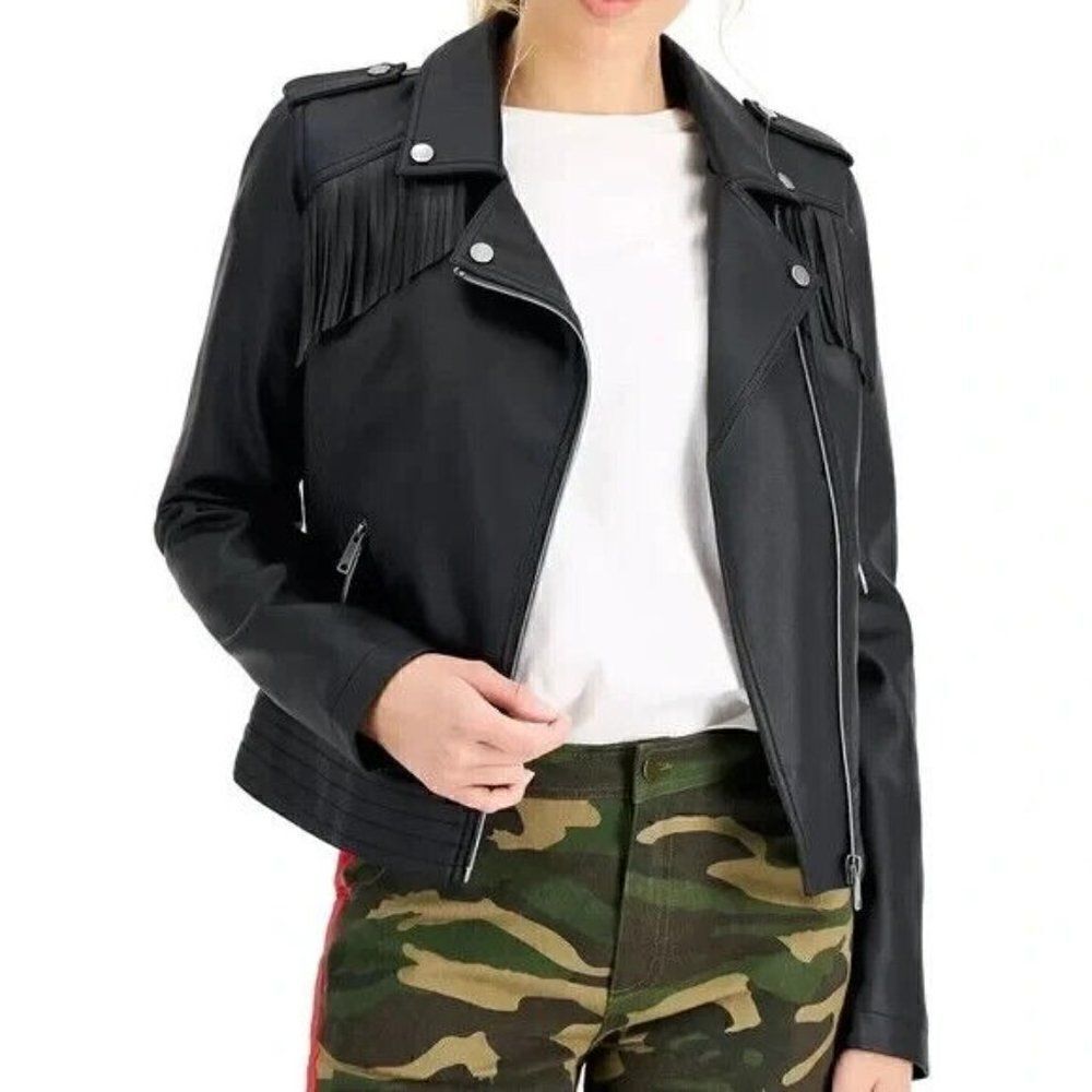 CoffeeShop Juniors Faux-Leather Fringe Moto Jacket Black Extra Small New